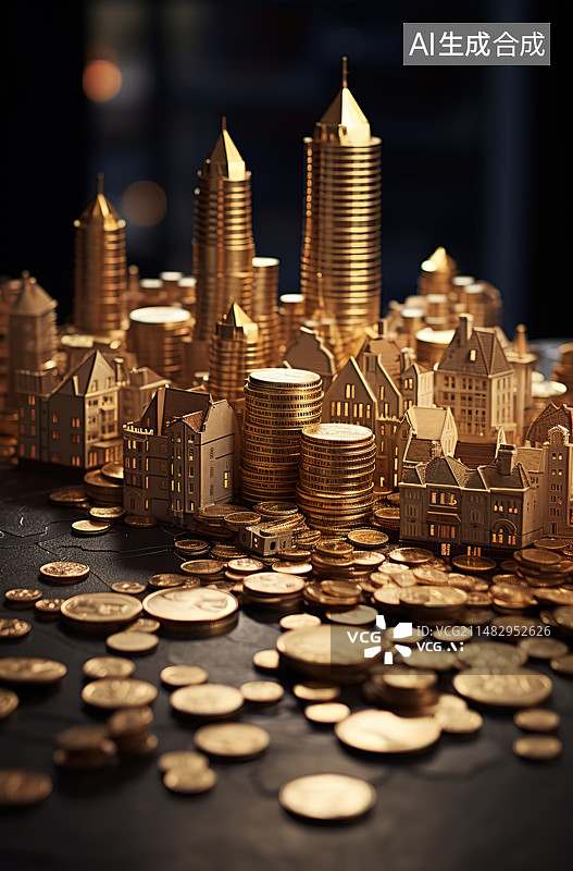 【AI数字艺术】桌子上的硬币和模型房子的特写镜头图片素材