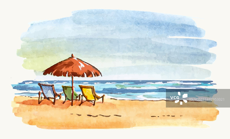 海滩椅子雨伞水彩手绘图片素材