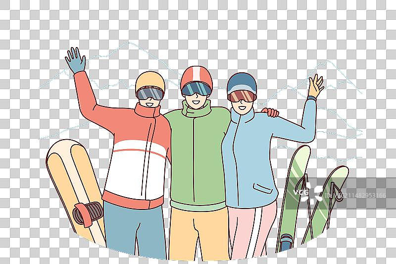 在滑雪胜地挥手的公司友人图片素材