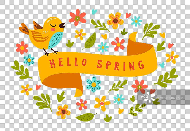 带有小鸟、丝带和鲜花的春季标签图片素材