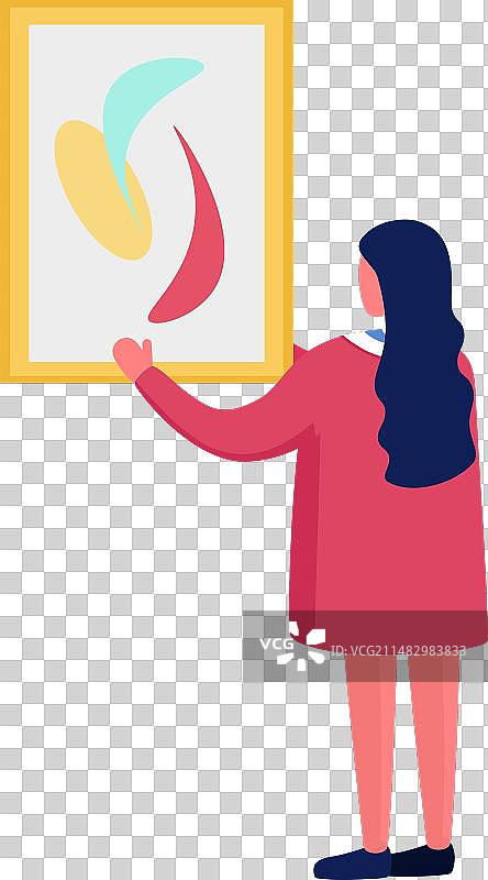 女人在墙上挂抽象艺术品，女子欣赏图片素材