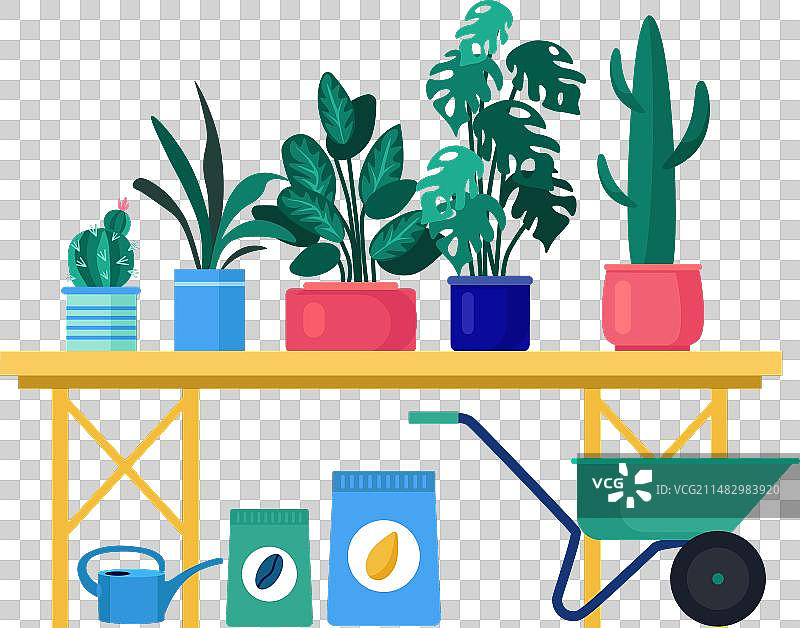 长凳上带园艺工具的盆栽室内植物图片素材