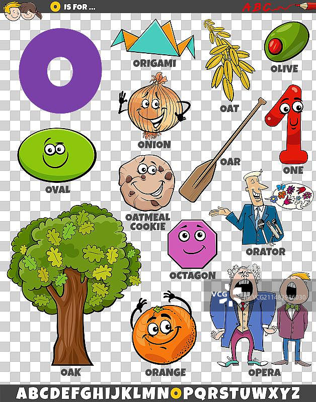 卡通物体和人物字母O组合图片素材