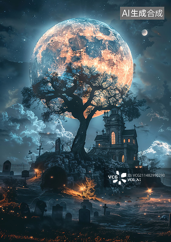【AI数字艺术】夜晚月亮对教堂的低角度视图图片素材