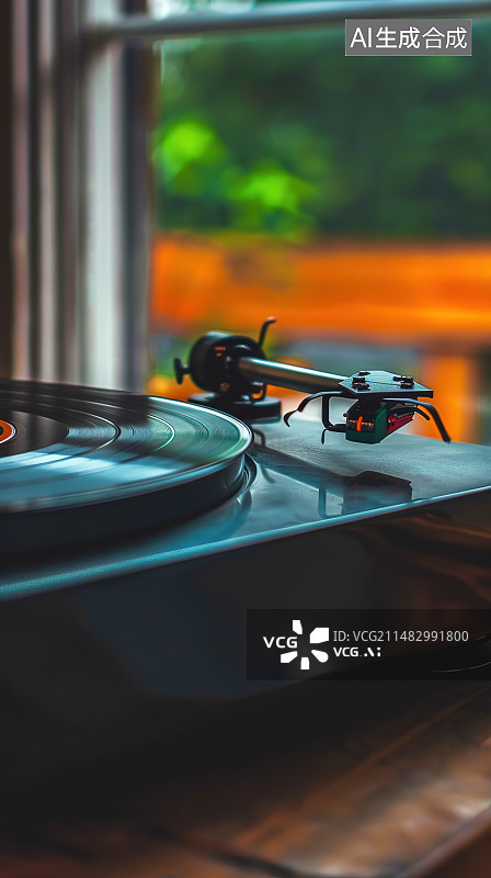 【AI数字艺术】桌子上的黑胶唱片机特写镜头图片素材