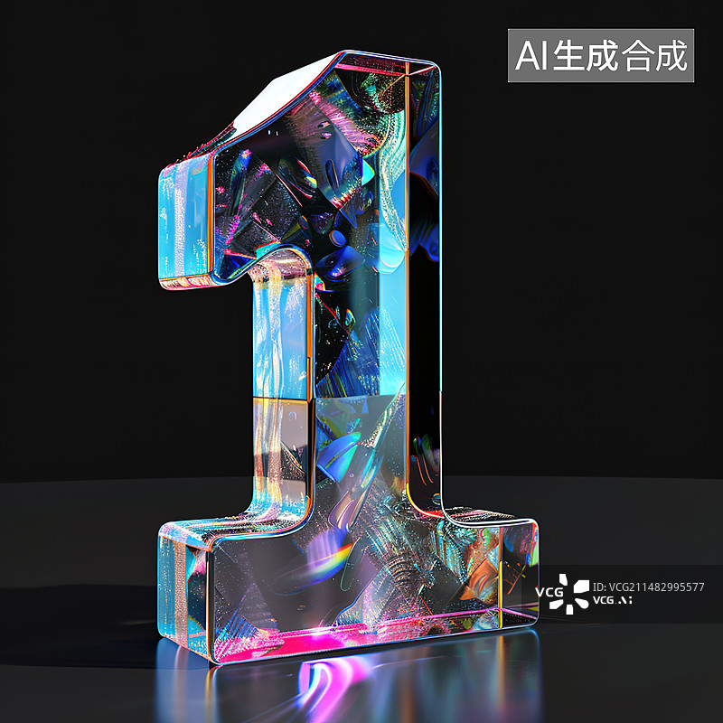 【AI数字艺术】黑色背景前科技玻璃质感的数字1图片素材