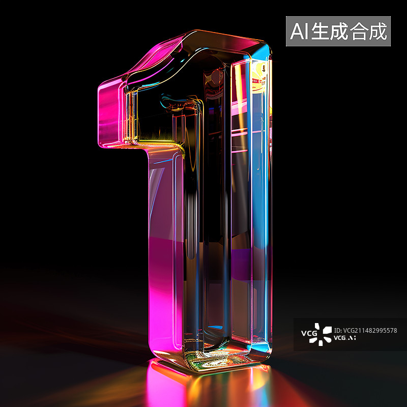 【AI数字艺术】黑色背景前科技玻璃质感的数字1图片素材