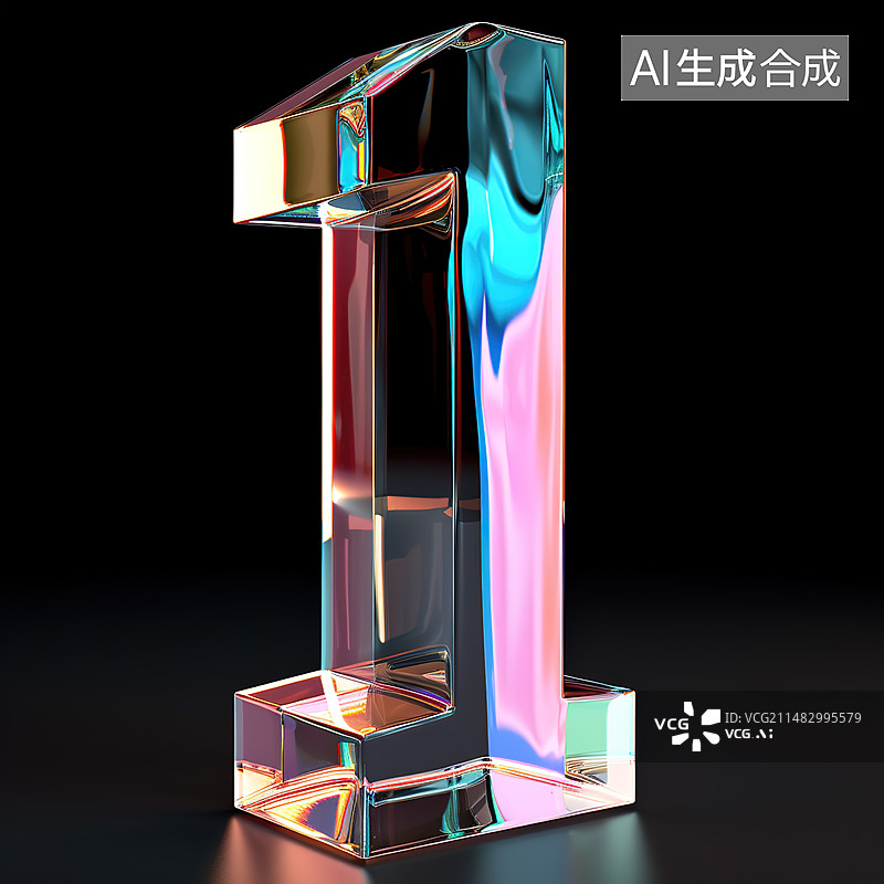 【AI数字艺术】黑色背景前科技玻璃质感的数字1图片素材