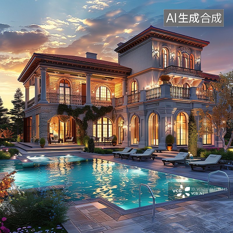【AI数字艺术】豪华酒店别墅游泳池图片素材