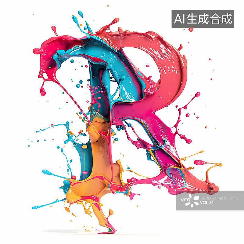【AI数字艺术】字母R彩色涂料涂鸦水彩飞溅艺术效果白底3D元素图片素材