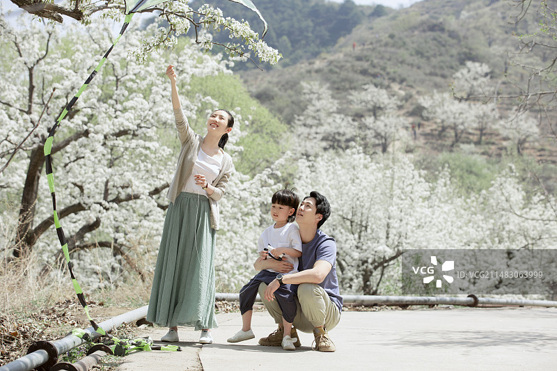 快乐一家三口户外旅行放风筝嬉戏图片素材