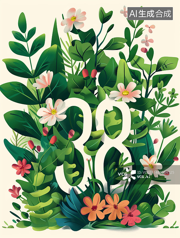 【AI数字艺术】手绘极简主义38女神节粉色绿色鲜花植物春天插画海报图片素材