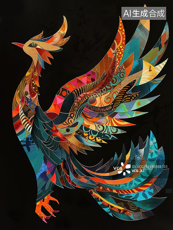 【AI数字艺术】黑色背景下的彩色羽毛特写镜头图片素材