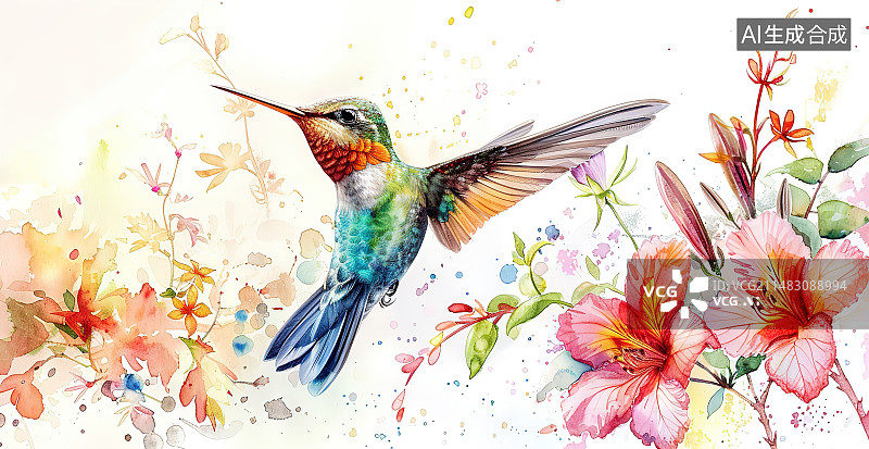 【AI数字艺术】蜂鸟在白色背景上的特写镜头图片素材