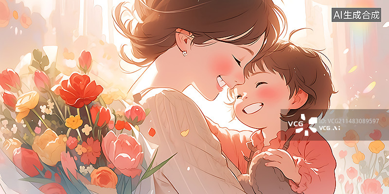 【AI数字艺术】母亲抱着孩子花束快乐的母亲节妇女节插画图片素材