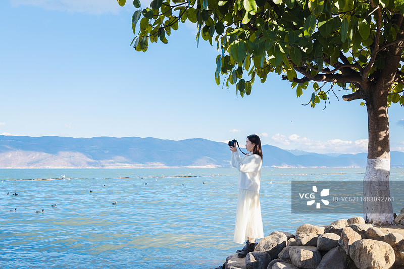女生在洱海边游玩拍照图片素材