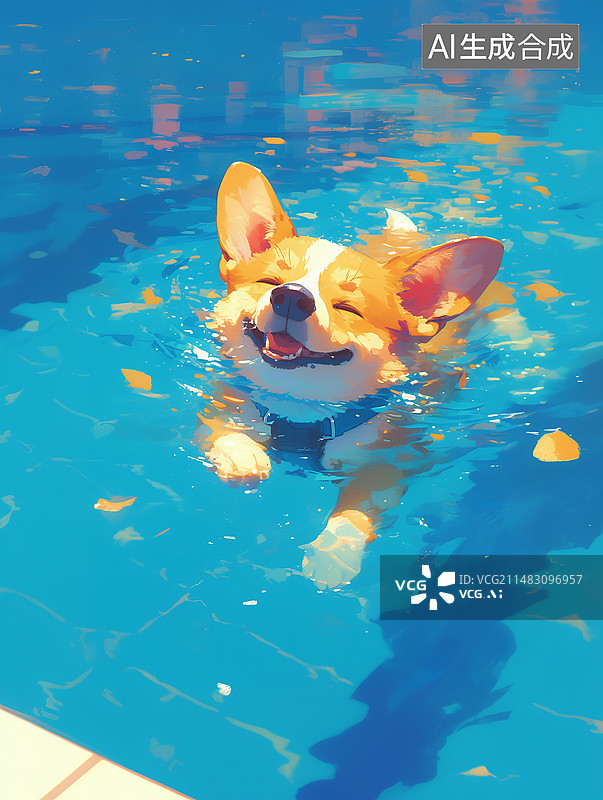【AI数字艺术】一只可爱的柯基在泳池游泳的插画图片素材