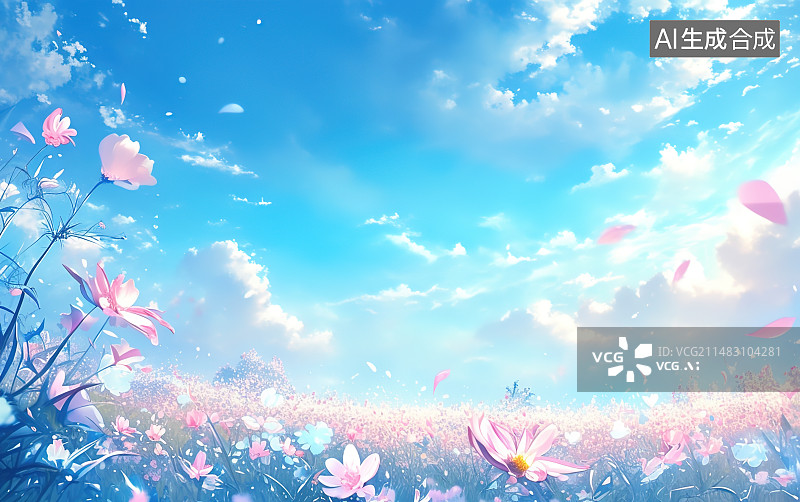 【AI数字艺术】蓝天下开花植物背景图片素材