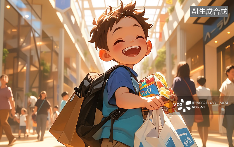 【AI数字艺术】商场里购物的开心的小男孩，儿童节插画图片素材