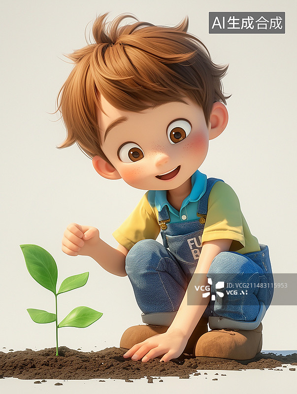 【AI数字艺术】男孩种树植树节插画图片素材