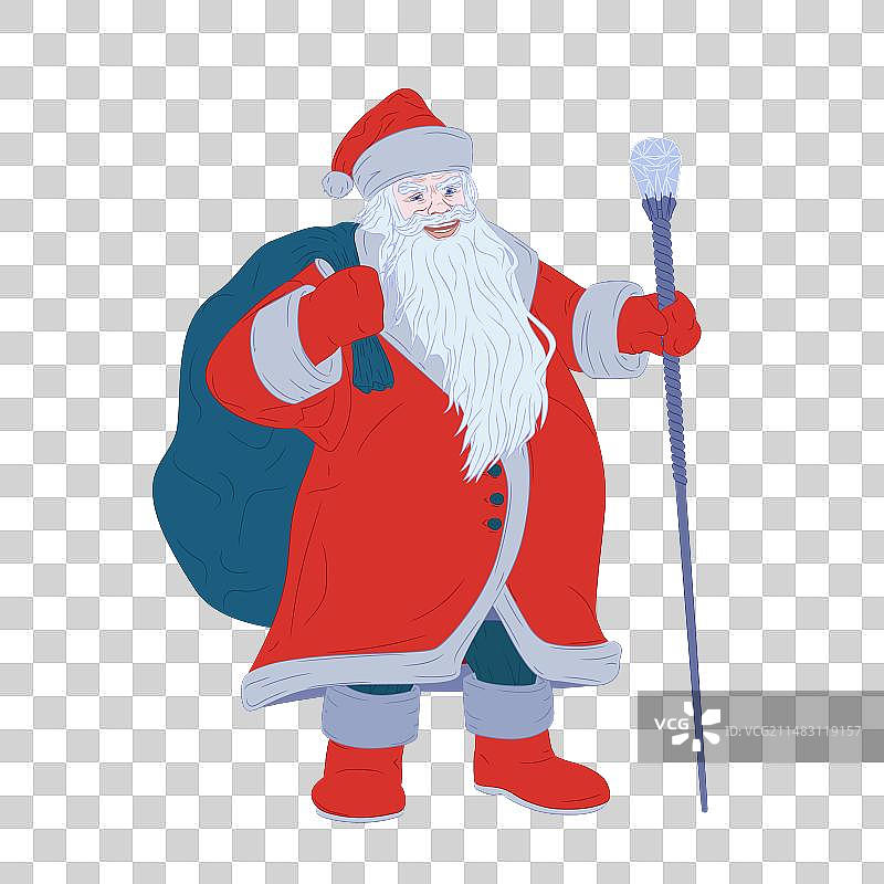 圣诞老人背着礼物袋，拿着手杖图片素材