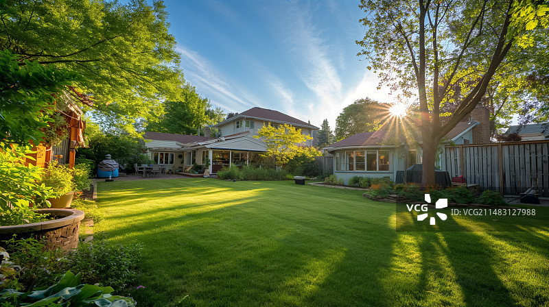 阳光透过繁茂的树木洒落在整齐修剪的草坪上图片素材