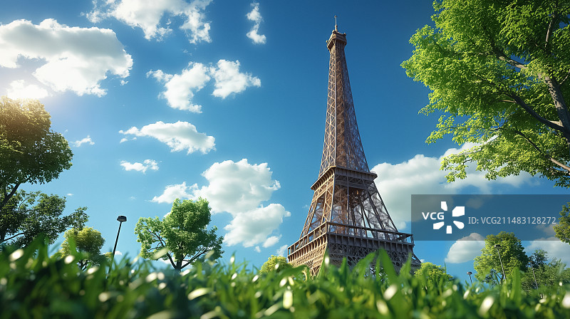 巴黎春日下埃菲尔铁塔辉煌，碧空如洗云彩飘图片素材