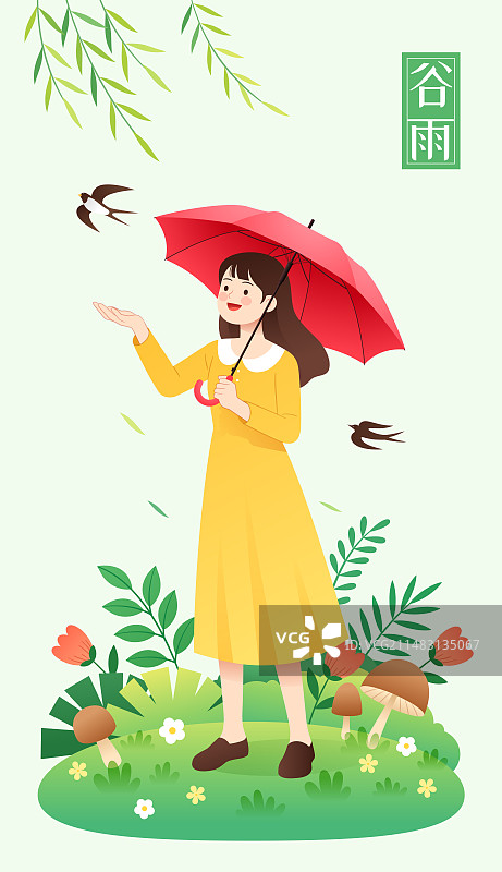 一个撑伞的年轻女性女生少女伸出手迎接春天人物站立全身像和花草燕子等清新美丽景色卡通手绘矢量插画海报图片素材