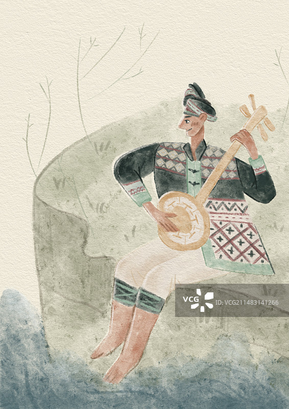 侗族大歌少数民族音乐水彩插画民族服饰高山流水春天图片素材