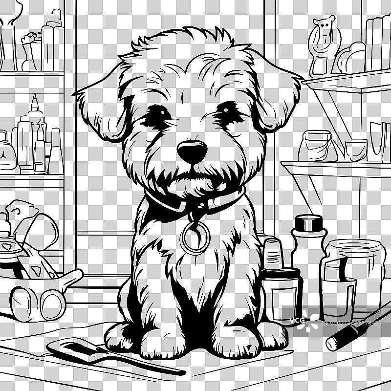 黑白宠物美容店里的可爱狗狗图片素材