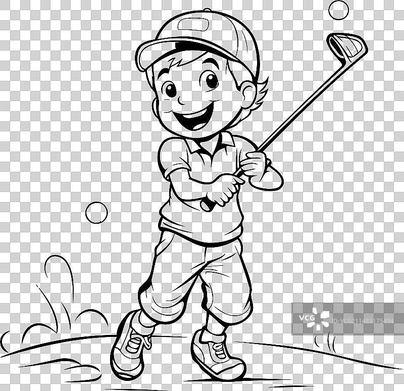 打高尔夫球的小男孩 - 黑白照片图片素材