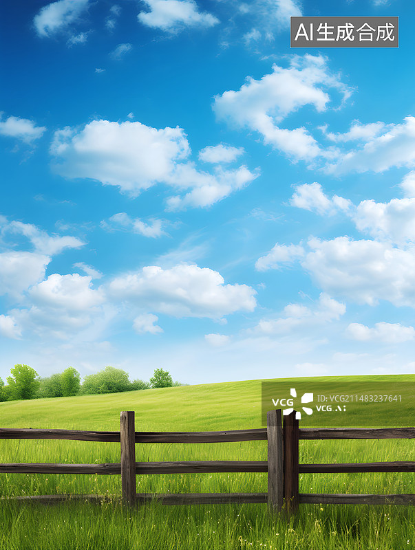 【AI数字艺术】蓝天白云草原木栅栏背景图片素材