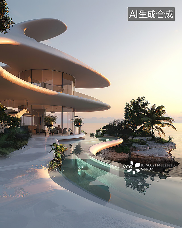【AI数字艺术】夕阳下的别墅图片素材