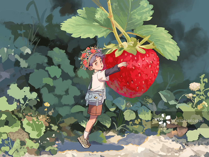 野外摘草莓的小男孩图片素材