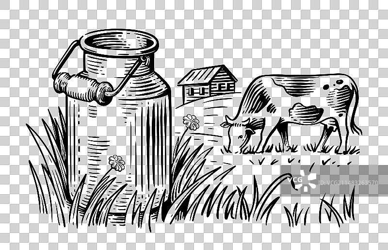 带牛奶罐图案的奶牛黑色素描图片素材