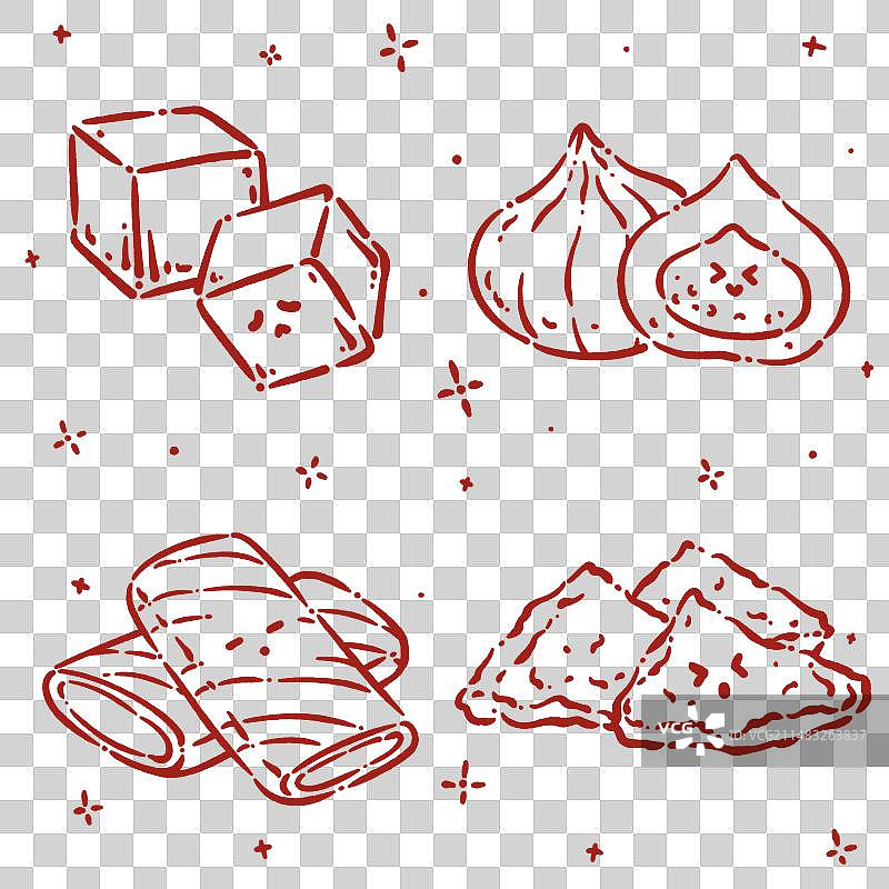 火锅食材——鱼豆腐，蟹籽包，蟹排，燕饺线稿图片素材