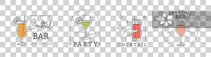 不同鸡尾酒的线条艺术标签组合图片素材