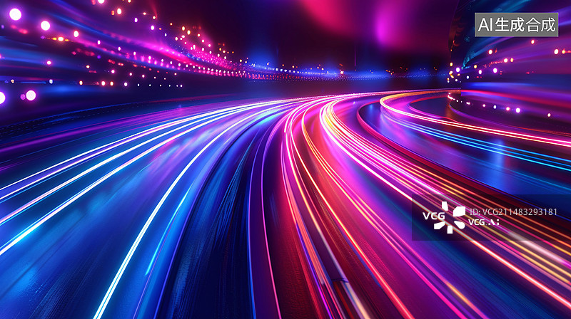 【AI数字艺术】三维渲染的未来科技空间，发光场景背景未来动态运动技术，彩色发光速度抽象技术背景图片素材