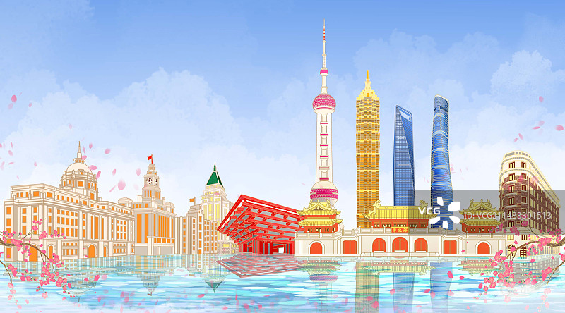 上海地标建筑群插画图片素材