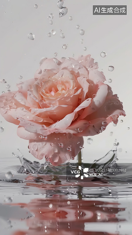 【AI数字艺术】白色背景下湿玫瑰的特写镜头图片素材