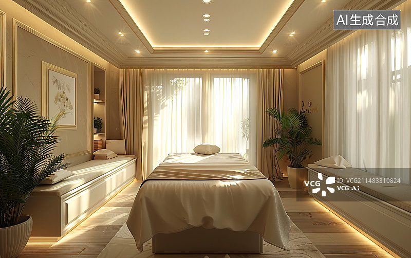 【AI数字艺术】按摩椅美容院的室内环境，一张美容床，高雅的现代室内环境图片素材