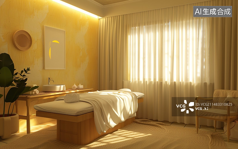 【AI数字艺术】按摩椅美容院的室内环境，一张美容床，高雅的现代室内环境图片素材