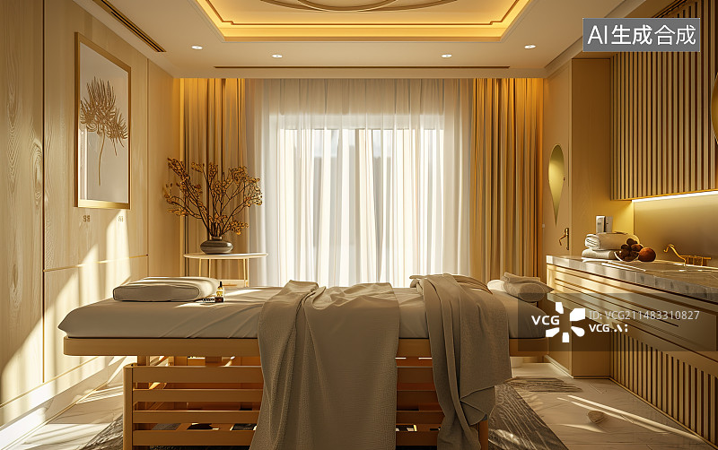 【AI数字艺术】按摩椅美容院的室内环境，一张美容床，高雅的现代室内环境图片素材