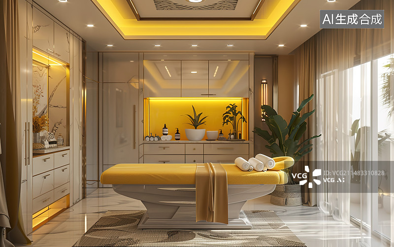 【AI数字艺术】按摩椅美容院的室内环境，一张美容床，高雅的现代室内环境图片素材