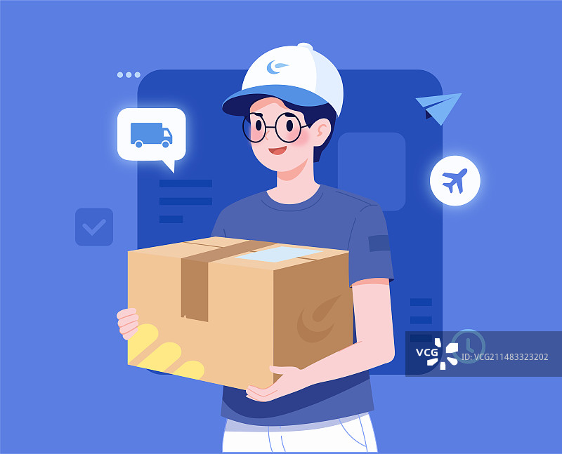 快递员跑腿小哥抱着快递箱子打电话送货上门图片素材