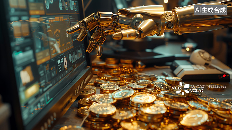 【AI数字艺术】科技金融主题-机器人手拿金币图片素材