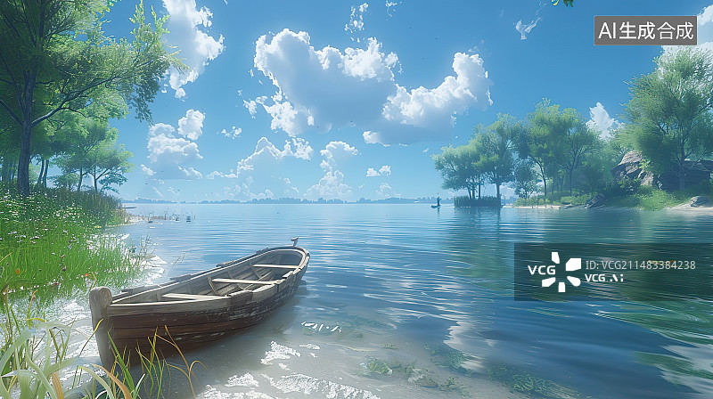 【AI数字艺术】海滩上的船在天空的映衬下图片素材