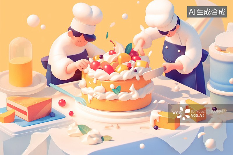 【AI数字艺术】微缩摄影两个正在制作蛋糕的烘培师图片素材