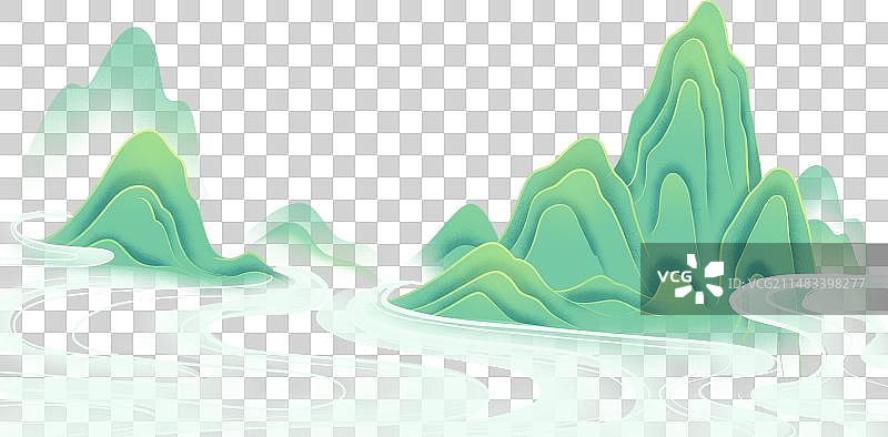 青绿色青山云雾流水国风插画图片素材