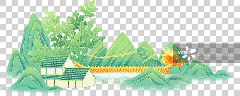 端午节青山瓦房艾叶龙舟粽子国风插画图片素材